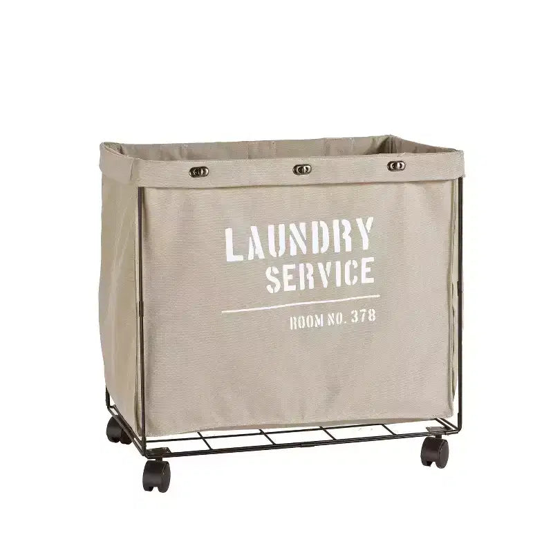 Danya B. Army Canvas Laundry Hamper on Wheels: Heavy Duty Beige Clothes Sorter, Portable Iron Frame, 32 Volume Capacity