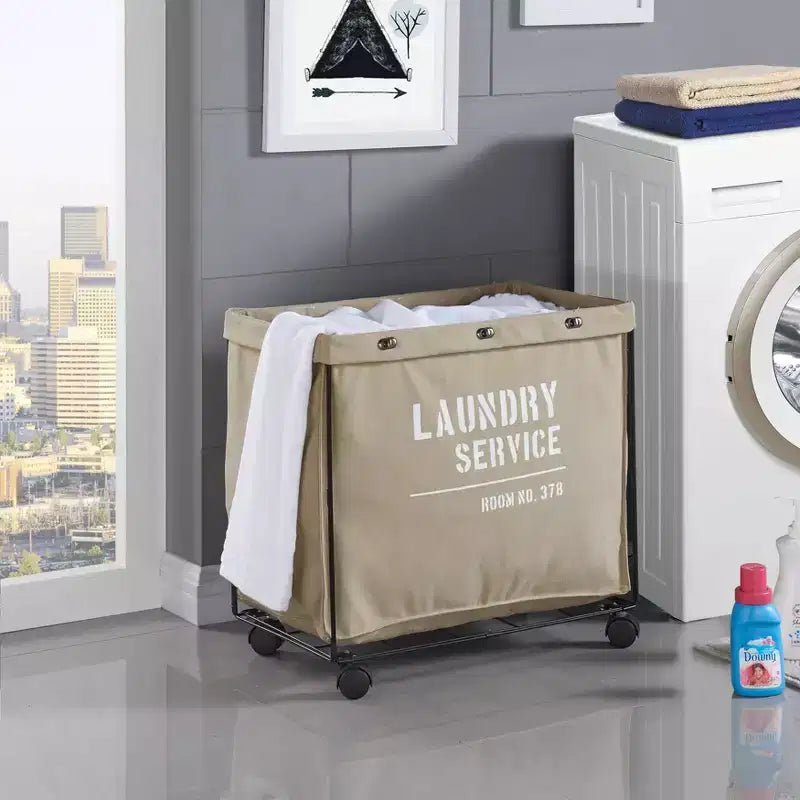 Panier à Linge sur Roues en Toile Militaire : Trieur de Vêtements Robuste Beige, Cadre en Fer Portable, Capacité de 32 Litres