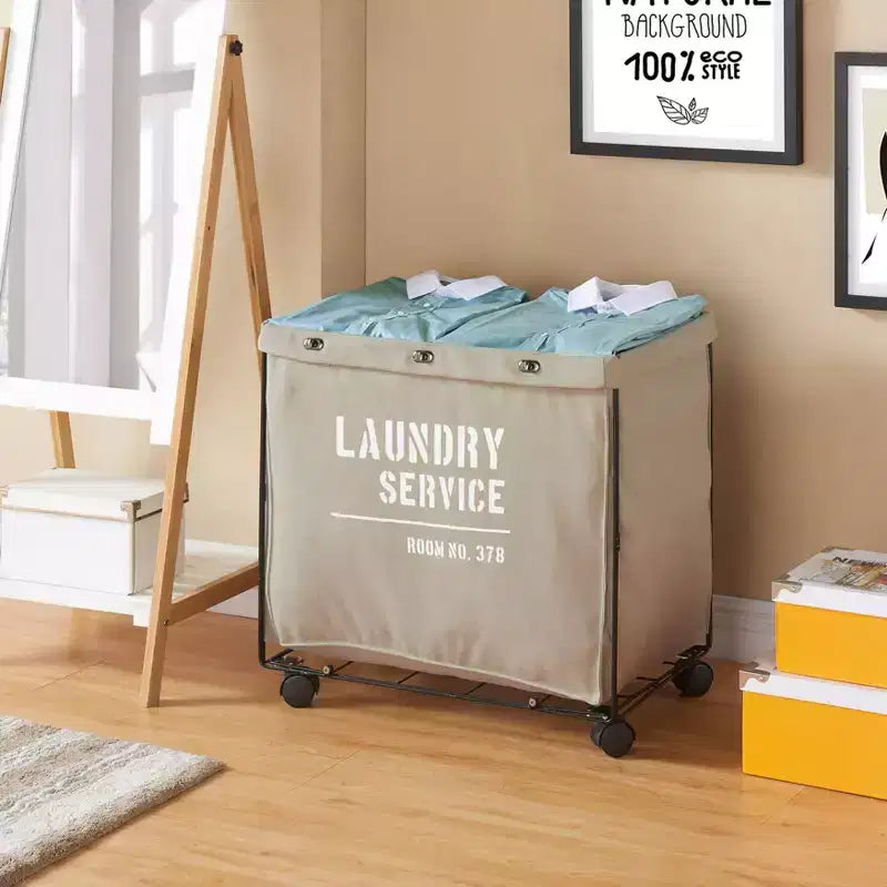 Panier à Linge sur Roues en Toile Militaire : Trieur de Vêtements Robuste Beige, Cadre en Fer Portable, Capacité de 32 Litres