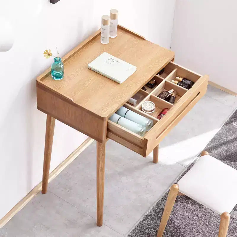 Coiffeuse moderne en bois avec tiroirs de rangement, étagères amovibles et bords surélevésDesign minimaliste pour salons