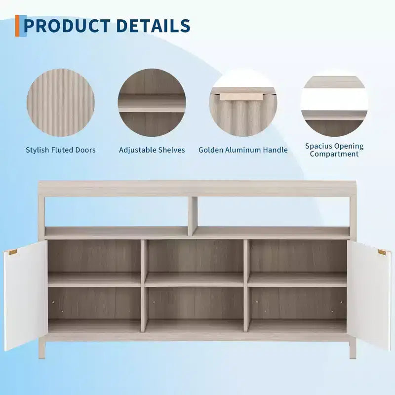 Meuble TV moderne de 150 cm pour salon, grand centre de divertissement avec porte cannelée et étagères ouvertes, meuble de rangement en bois pour TV 55/60/65 pouces