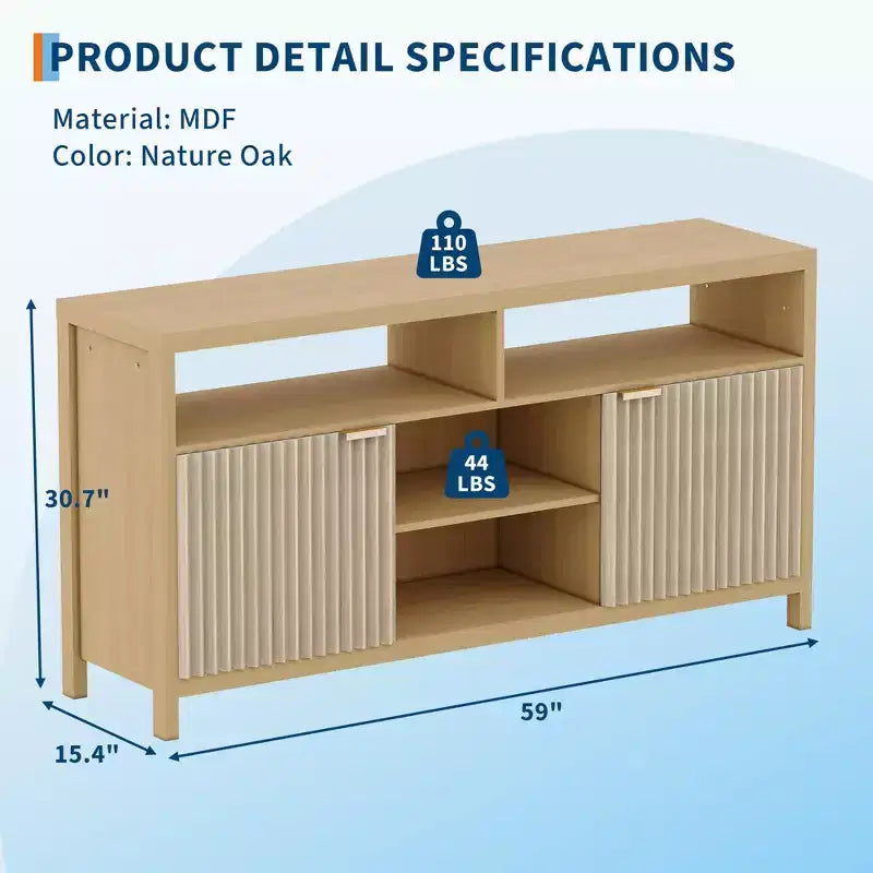 Meuble TV moderne de 150 cm pour salon, grand centre de divertissement avec porte cannelée et étagères ouvertes, meuble de rangement en bois pour TV 55/60/65 pouces