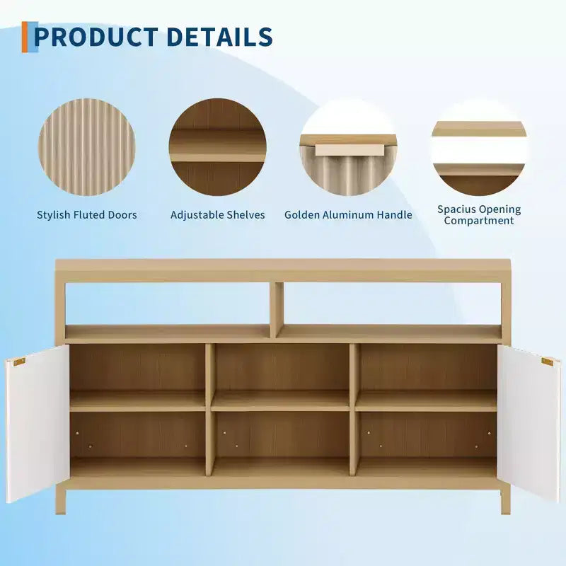 Meuble TV moderne de 150 cm pour salon, grand centre de divertissement avec porte cannelée et étagères ouvertes, meuble de rangement en bois pour TV 55/60/65 pouces