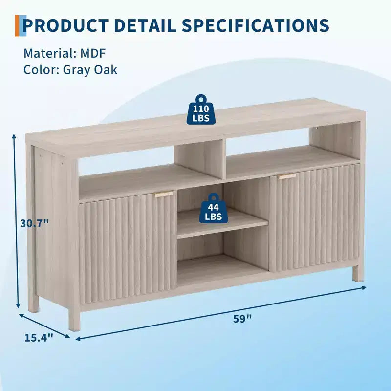 Meuble TV moderne de 150 cm pour salon, grand centre de divertissement avec porte cannelée et étagères ouvertes, meuble de rangement en bois pour TV 55/60/65 pouces