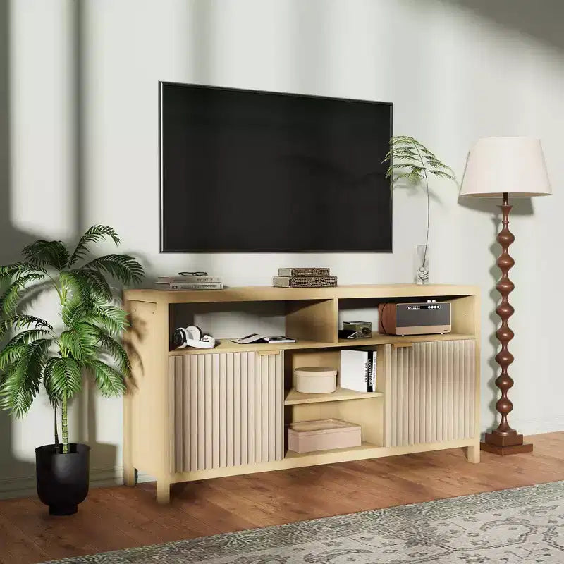 59 in Modern TV Stand for Living Room,Large Entertainment Center with Fluted Door & Open Shelves Wood Media Console Storage Cabinet for 55/60/65 in TV
