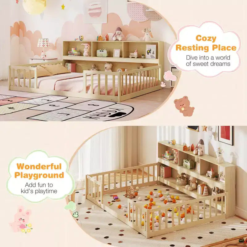 Lit de sol Montessori pleine grandeur avec étagères de rangement et barrières de sécurité Rose/Naturel/Blanc/Gris