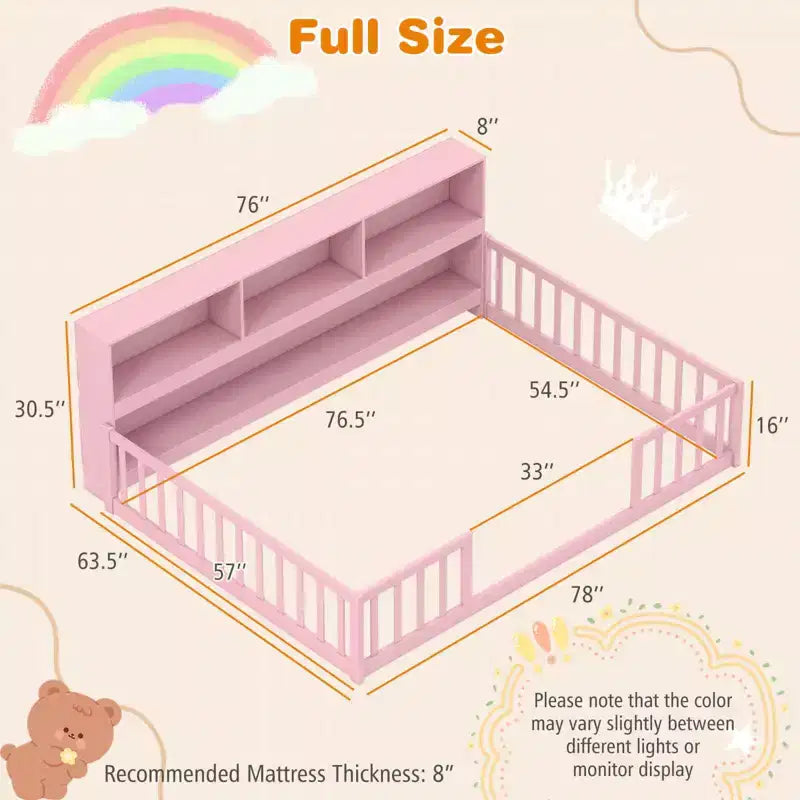 Lit de sol Montessori pleine grandeur avec étagères de rangement et barrières de sécurité Rose/Naturel/Blanc/Gris