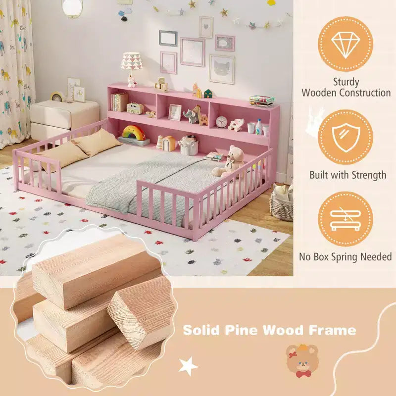 Lit de sol Montessori pleine grandeur avec étagères de rangement et barrières de sécurité Rose/Naturel/Blanc/Gris
