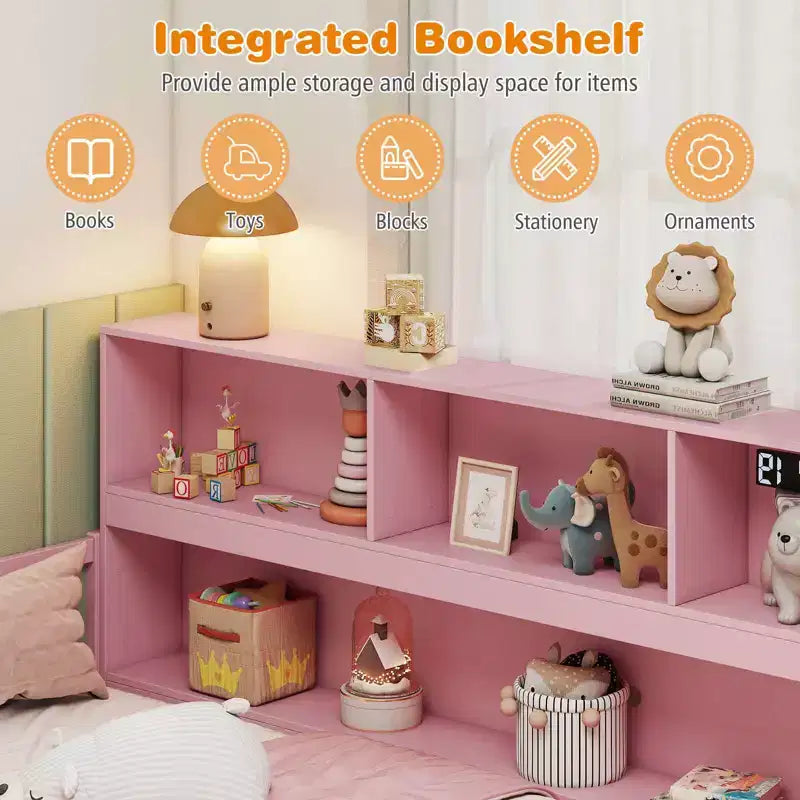 Lit de sol Montessori pleine grandeur avec étagères de rangement et barrières de sécurité Rose/Naturel/Blanc/Gris
