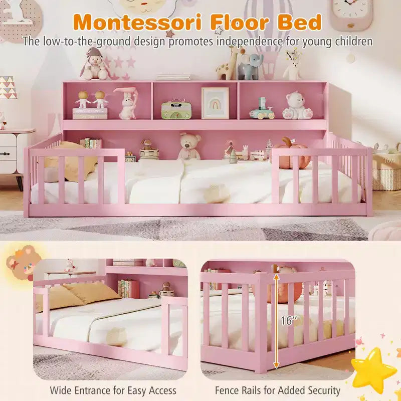 Lit de sol Montessori pleine grandeur avec étagères de rangement et barrières de sécurité Rose/Naturel/Blanc/Gris