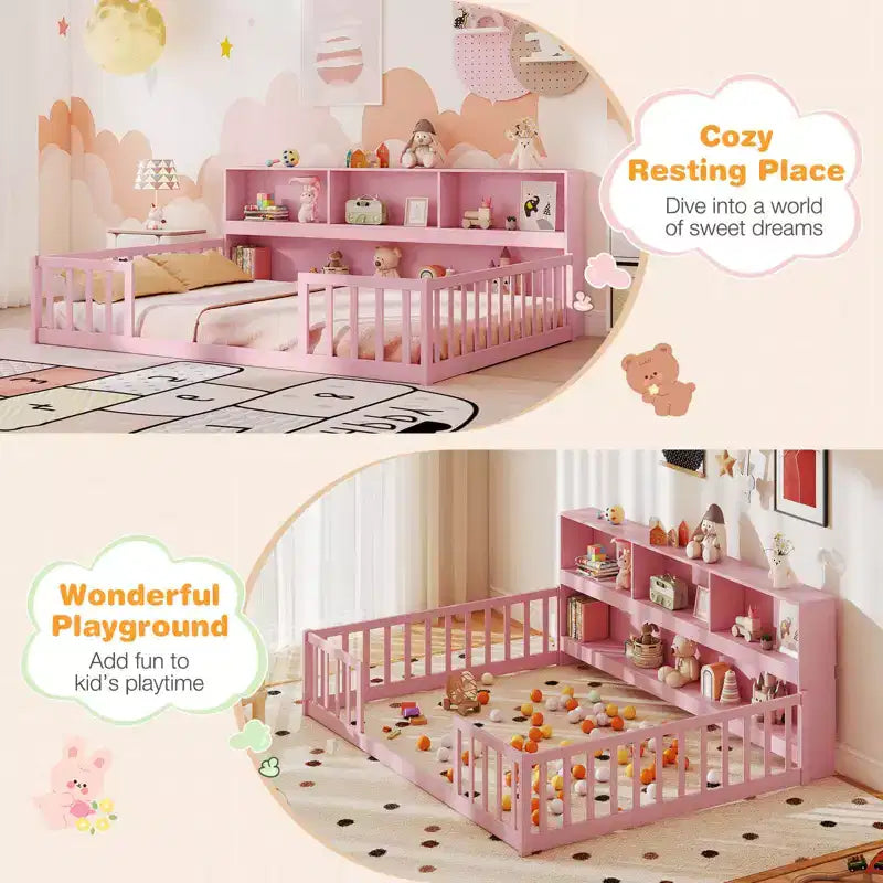 Lit de sol Montessori pleine grandeur avec étagères de rangement et barrières de sécurité Rose/Naturel/Blanc/Gris