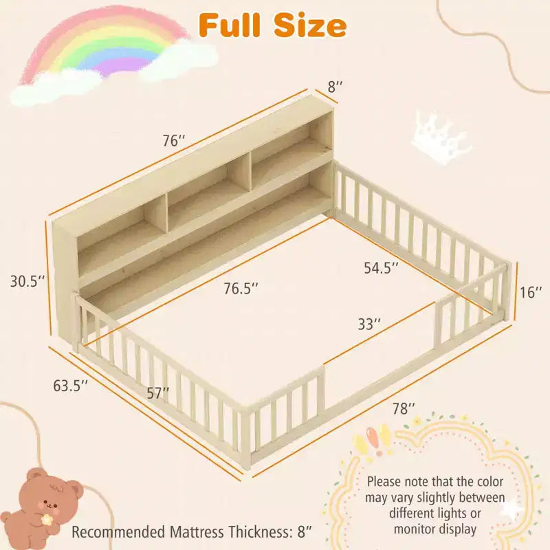 Lit de sol Montessori pleine grandeur avec étagères de rangement et barrières de sécurité Rose/Naturel/Blanc/Gris