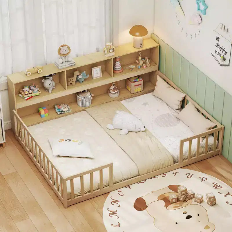 Lit de sol Montessori pleine grandeur avec étagères de rangement et barrières de sécurité Rose/Naturel/Blanc/Gris