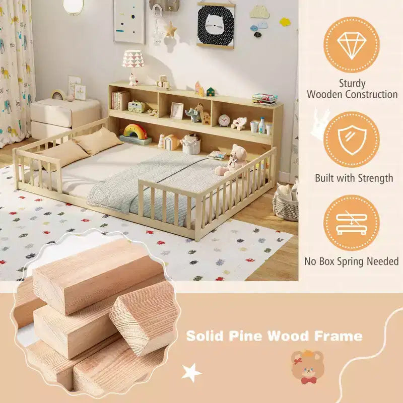 Lit de sol Montessori pleine grandeur avec étagères de rangement et barrières de sécurité Rose/Naturel/Blanc/Gris