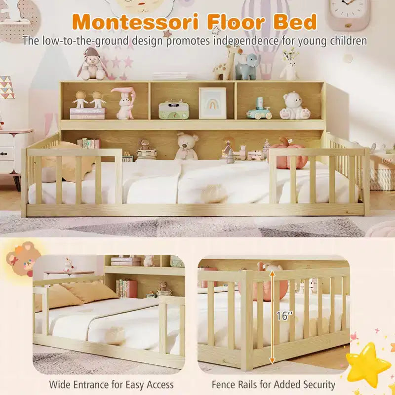 Lit de sol Montessori pleine grandeur avec étagères de rangement et barrières de sécurité Rose/Naturel/Blanc/Gris