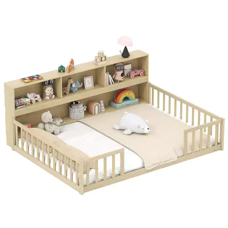 Costway Full Size Montessori Floor Bed with Bookcase Storage Shelves & Safety Fence Rails Pink/Natural/White/Gray