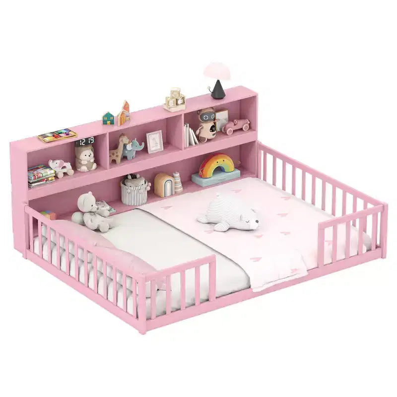 Lit de sol Montessori pleine grandeur avec étagères de rangement et barrières de sécurité Rose/Naturel/Blanc/Gris