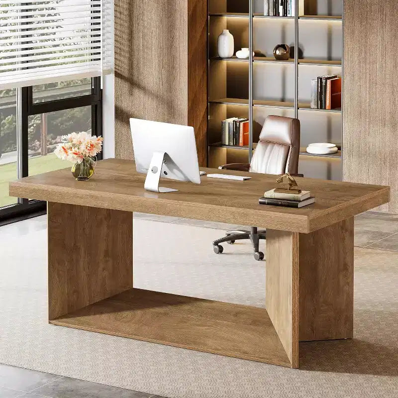 Lantine 63-Inch Executive Desk, Office Computer Desk with Heavy Duty Pedestal, Farmhouse Workstations Writing Table for Home Office, Rustic Brown