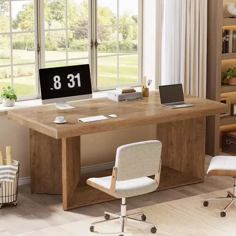 Bureau de direction de 63 pouces, bureau d'ordinateur avec piédestal robuste, table d'écriture de style rustique pour bureau à domicile, marron rustique