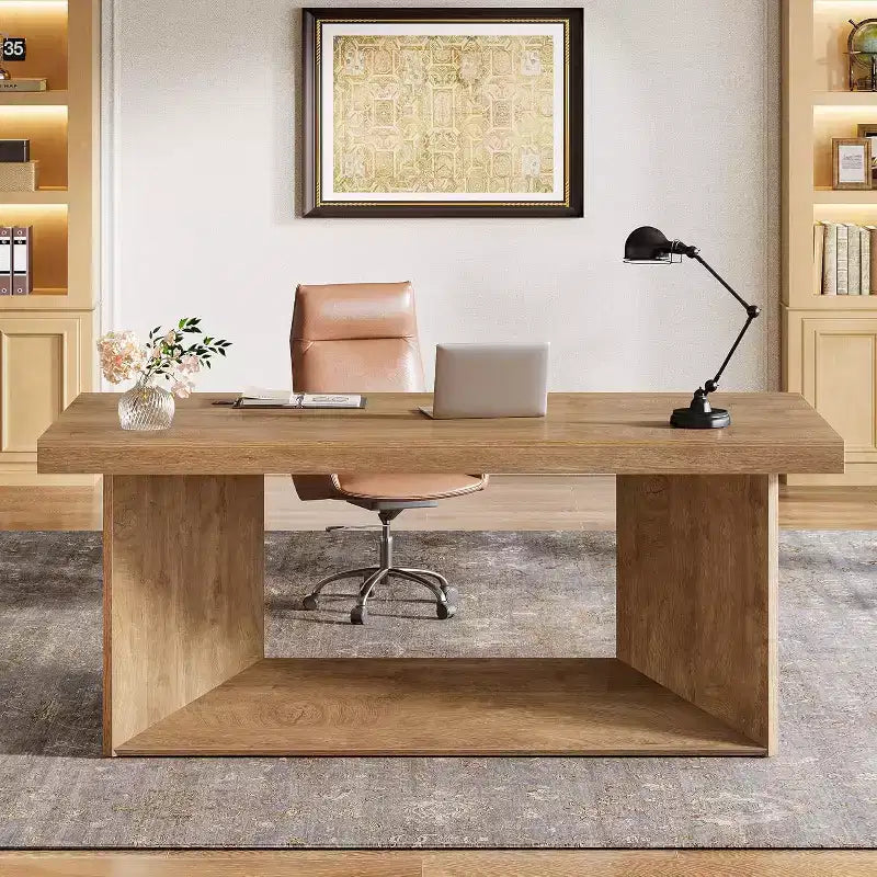 Bureau de direction de 63 pouces, bureau d'ordinateur avec piédestal robuste, table d'écriture de style rustique pour bureau à domicile, marron rustique