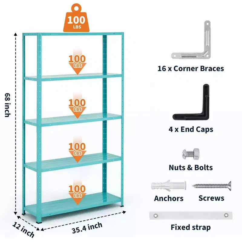 Étagère de rangement réglable à 5 niveaux, étagère métallique d'une capacité de 227 kg pour la maison, le garage ou le garde-manger, 89 cm L x 173 cm H x 30 cm P - Vert