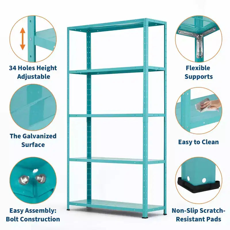 Étagère de rangement réglable à 5 niveaux, étagère métallique d'une capacité de 227 kg pour la maison, le garage ou le garde-manger, 89 cm L x 173 cm H x 30 cm P - Vert
