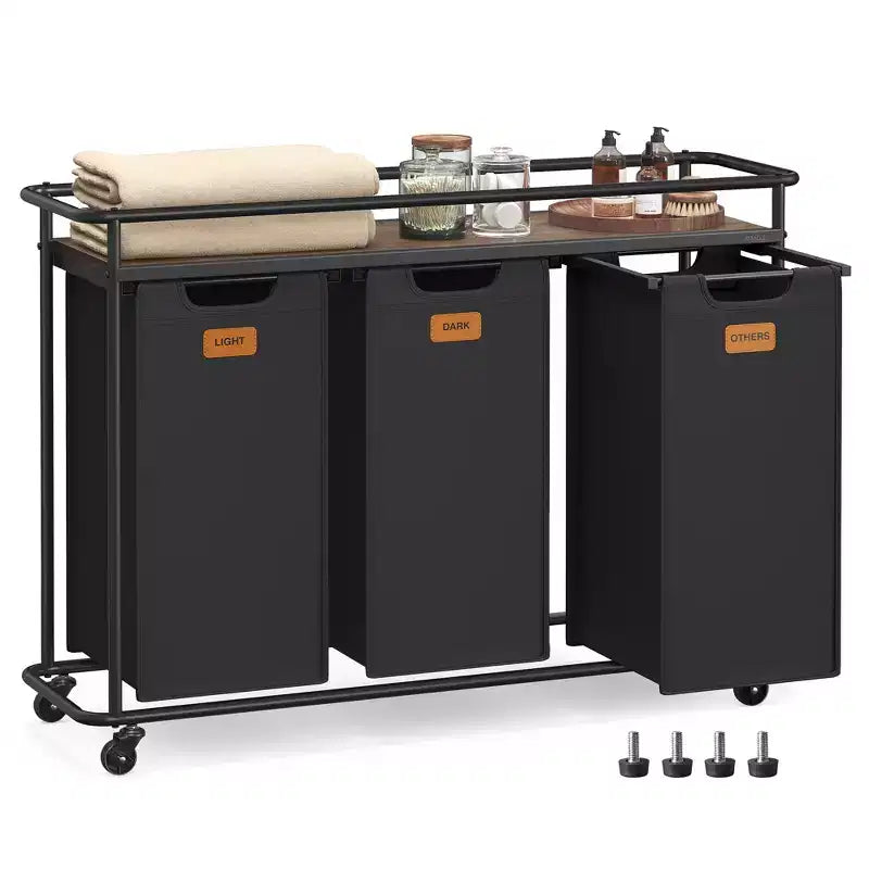 Laundry Sorter with Wheels, 39.6 Gal Rolling Cart with 3 Removable Liners & 6 Labels, Top Shelf for Detergent, Portable Hamper, Ink Black