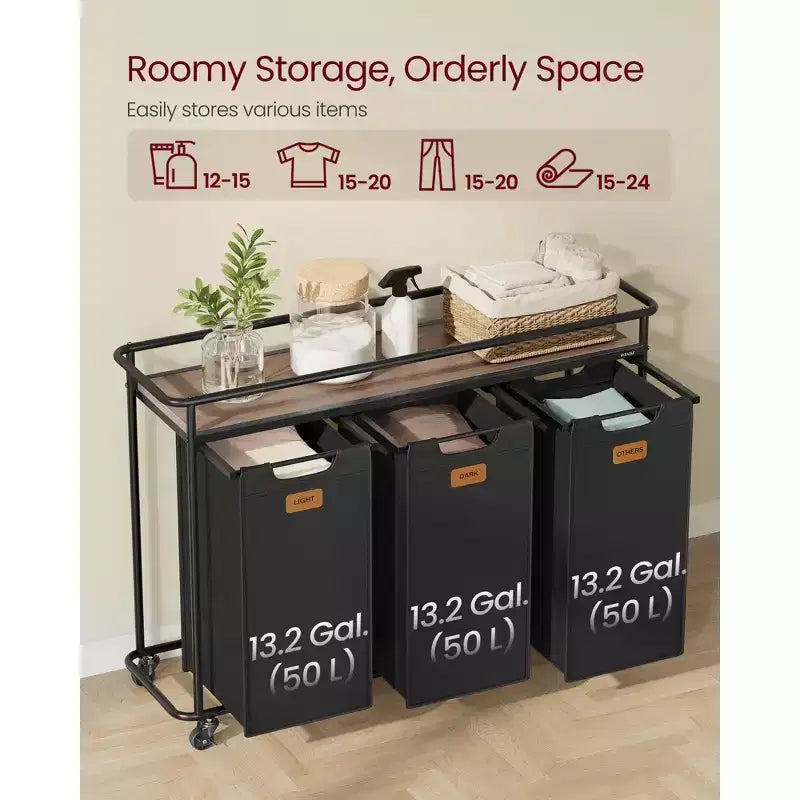 Trieur à linge à roulettes, panier à linge roulant de 150 L avec 3 sacs amovibles et 6 étiquettes, étagère supérieure pour détergent, panier portable, noir encre