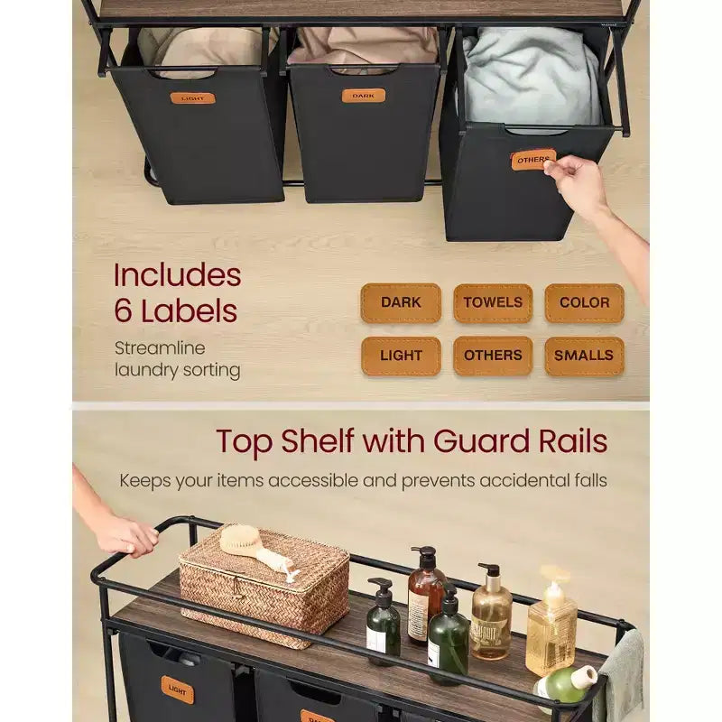 Trieur à linge à roulettes, panier à linge roulant de 150 L avec 3 sacs amovibles et 6 étiquettes, étagère supérieure pour détergent, panier portable, noir encre