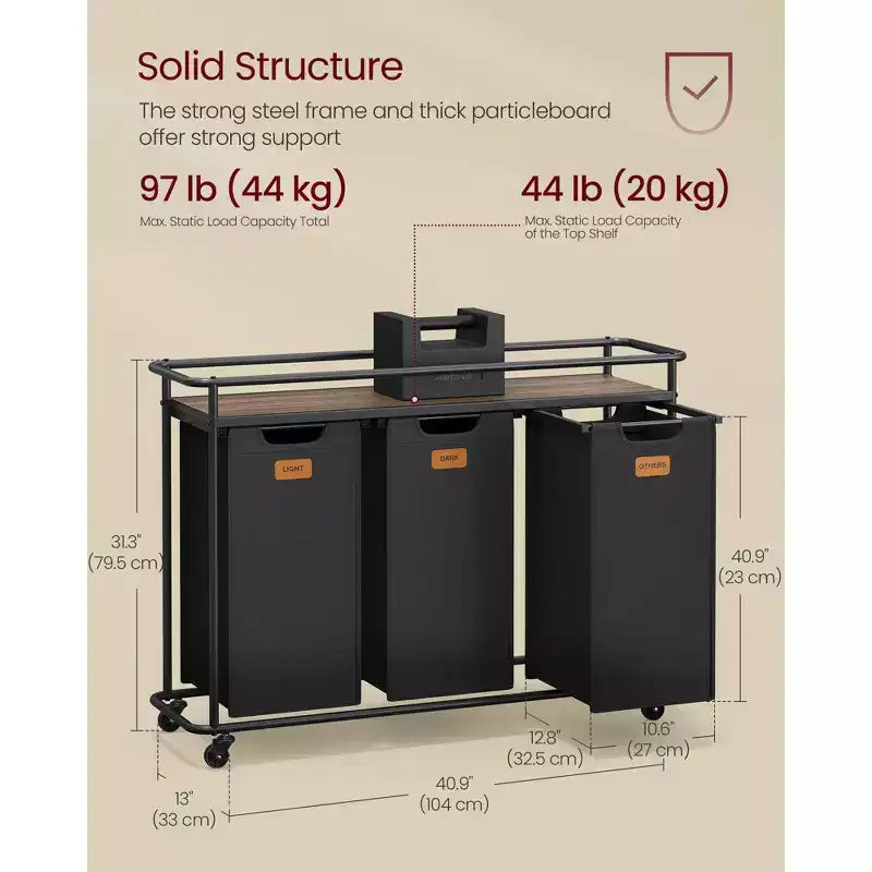 Trieur à linge à roulettes, panier à linge roulant de 150 L avec 3 sacs amovibles et 6 étiquettes, étagère supérieure pour détergent, panier portable, noir encre