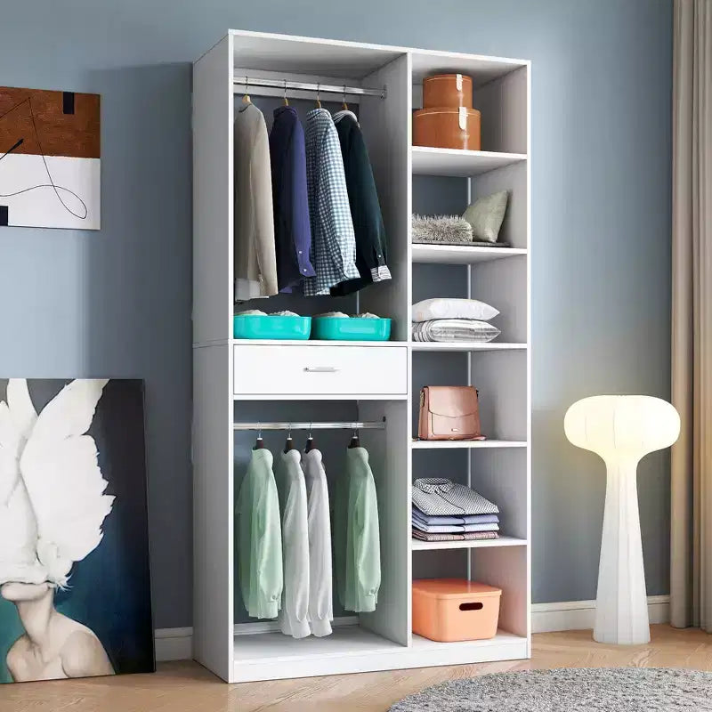CLIHOME Freestanding Closet System, Standalone Wardrobe with 6 Open Shelves, Wood Walk-in Closet, White