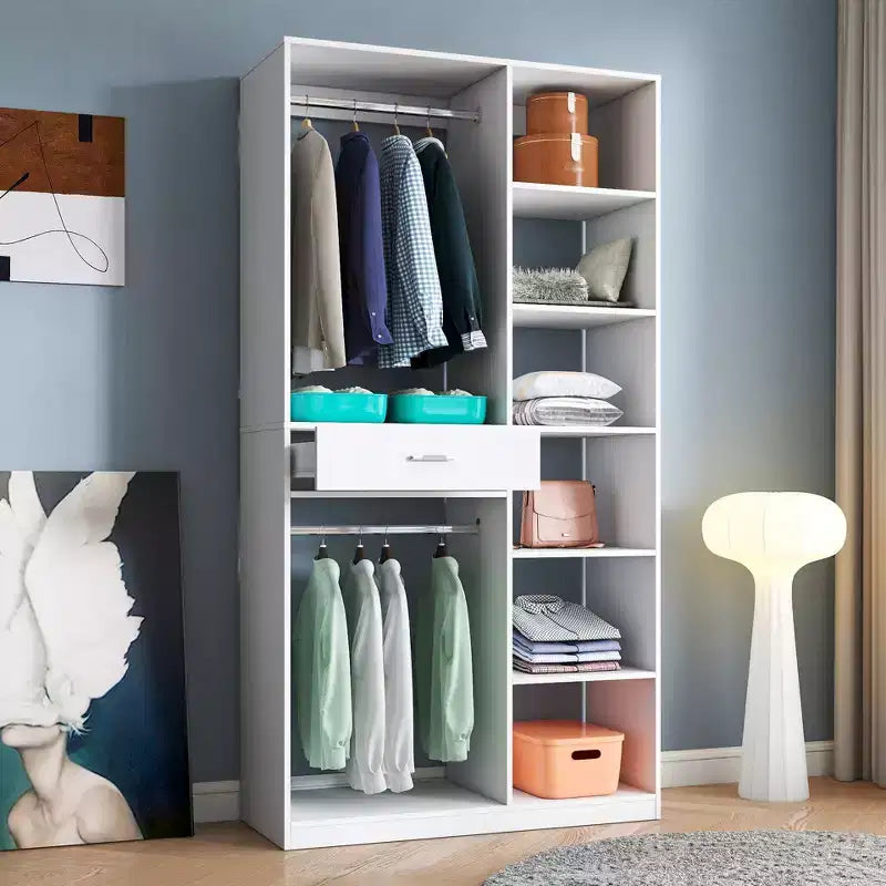 Système de rangement autoportant, armoire autonome avec 6 étagères ouvertes, dressing en bois, blanc