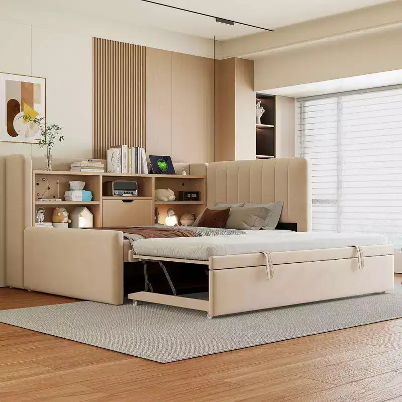 MAYEERTY Twin Size Upholstered Daybed, Trundle Storage Shelves USB Outlet, Bedroom, Beige