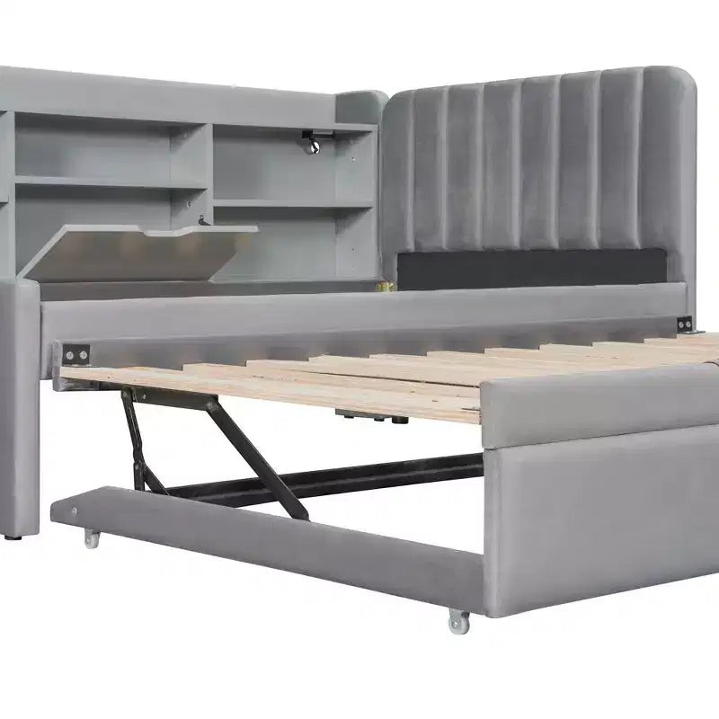 Lit de repos rembourré jumeau, étagères de rangement gigognes, prise USB, chambre, beige