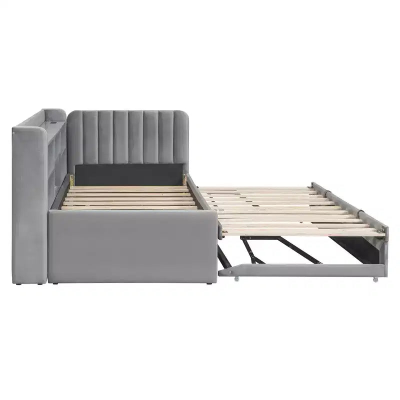 Lit de repos rembourré jumeau, étagères de rangement gigognes, prise USB, chambre, beige