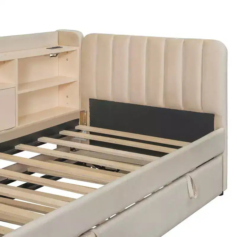 Lit de repos rembourré jumeau, étagères de rangement gigognes, prise USB, chambre, beige