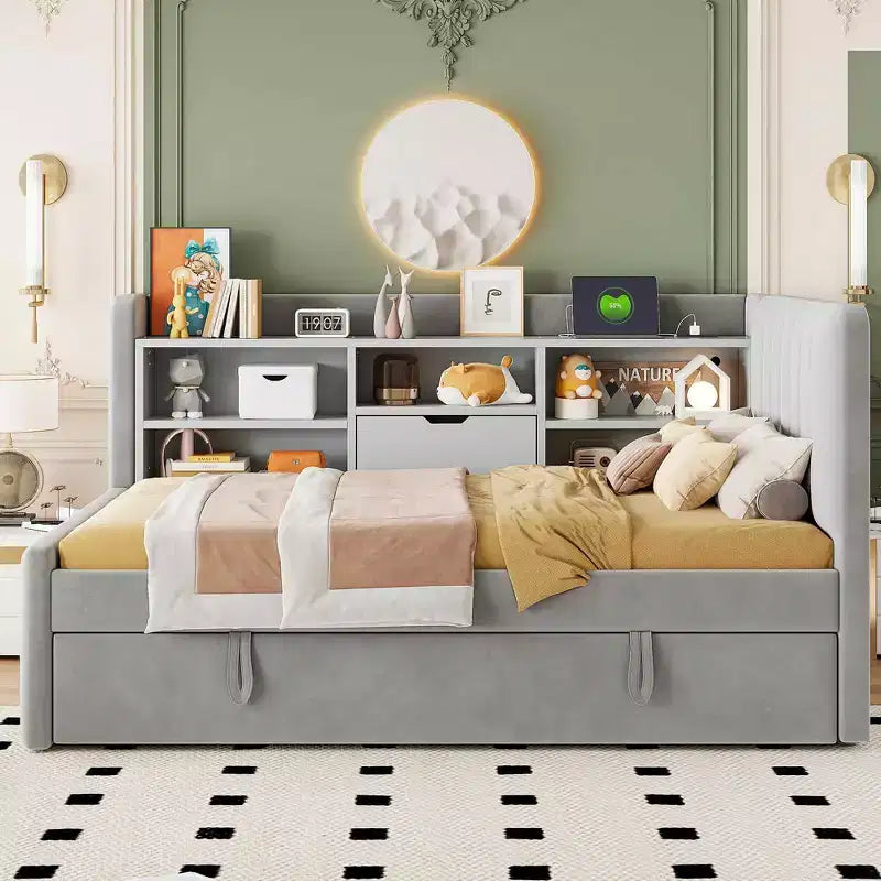 Lit de repos rembourré jumeau, étagères de rangement gigognes, prise USB, chambre, beige