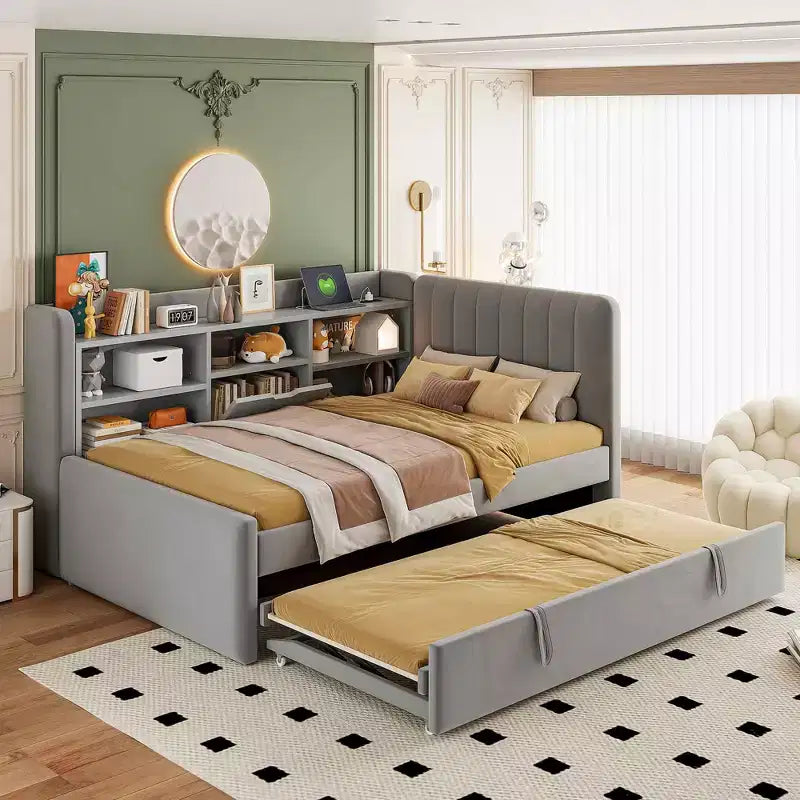 Lit de repos rembourré jumeau, étagères de rangement gigognes, prise USB, chambre, beige
