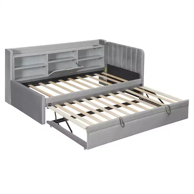 Lit de repos rembourré jumeau, étagères de rangement gigognes, prise USB, chambre, beige