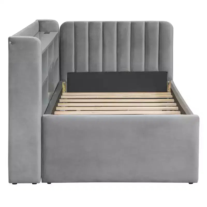 Lit de repos rembourré jumeau, étagères de rangement gigognes, prise USB, chambre, beige