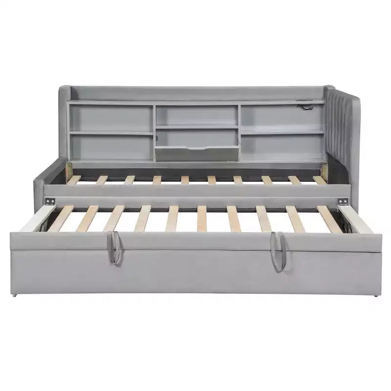 Lit de repos rembourré jumeau, étagères de rangement gigognes, prise USB, chambre, beige