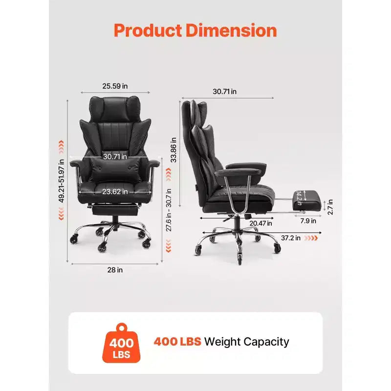 Fauteuil de bureau de direction robuste, capacité 180 kg, avec repose-pieds et support lombaire