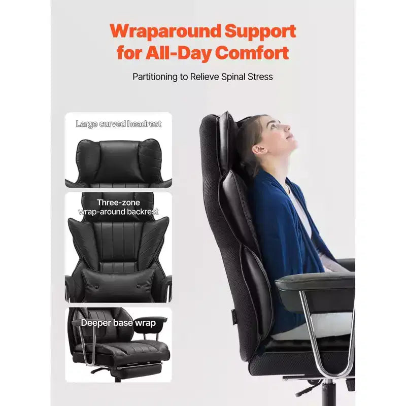 Fauteuil de bureau de direction robuste, capacité 180 kg, avec repose-pieds et support lombaire