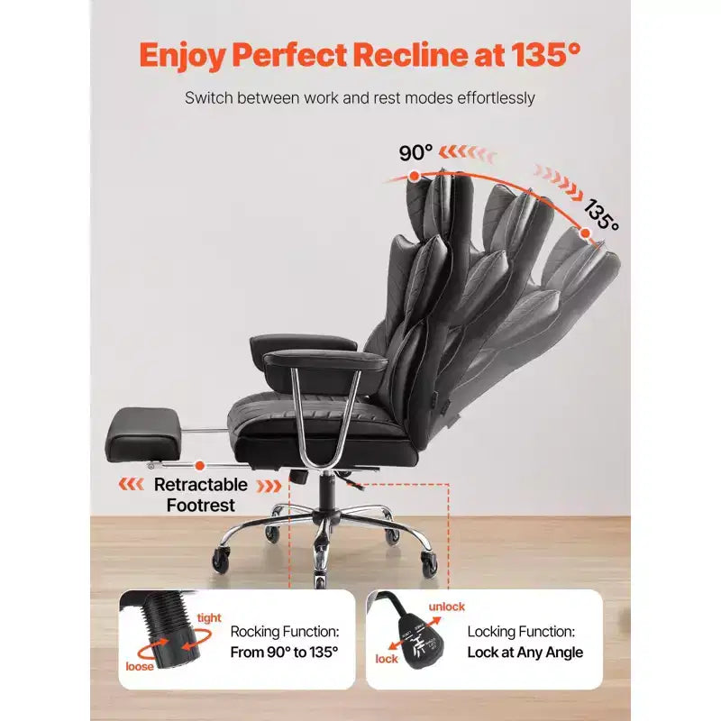 Fauteuil de bureau de direction robuste, capacité 180 kg, avec repose-pieds et support lombaire