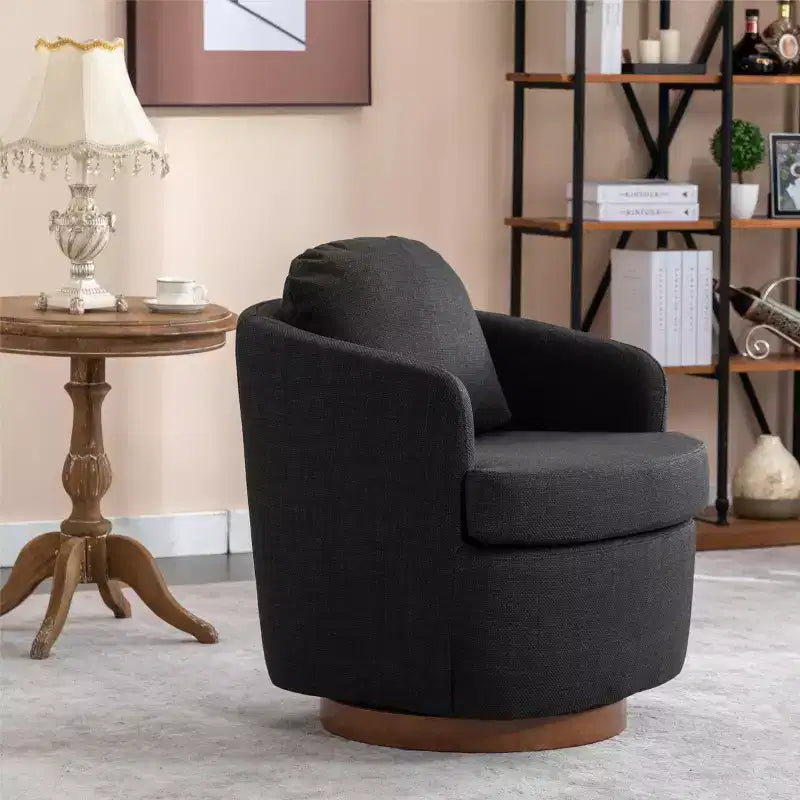Fauteuil de salon, Fauteuil d'appoint pivotant avec coussin, Pieds ronds en bois massif, Fauteuils pivotants à 360 degrés noirs