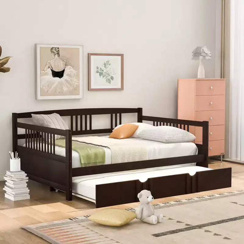 Okak Twin/Full Modern Platform Bed Frame with Bedside Fence & Drawers/Trundle,Wooden Daybed Sofa Bed for Bedroom,Study