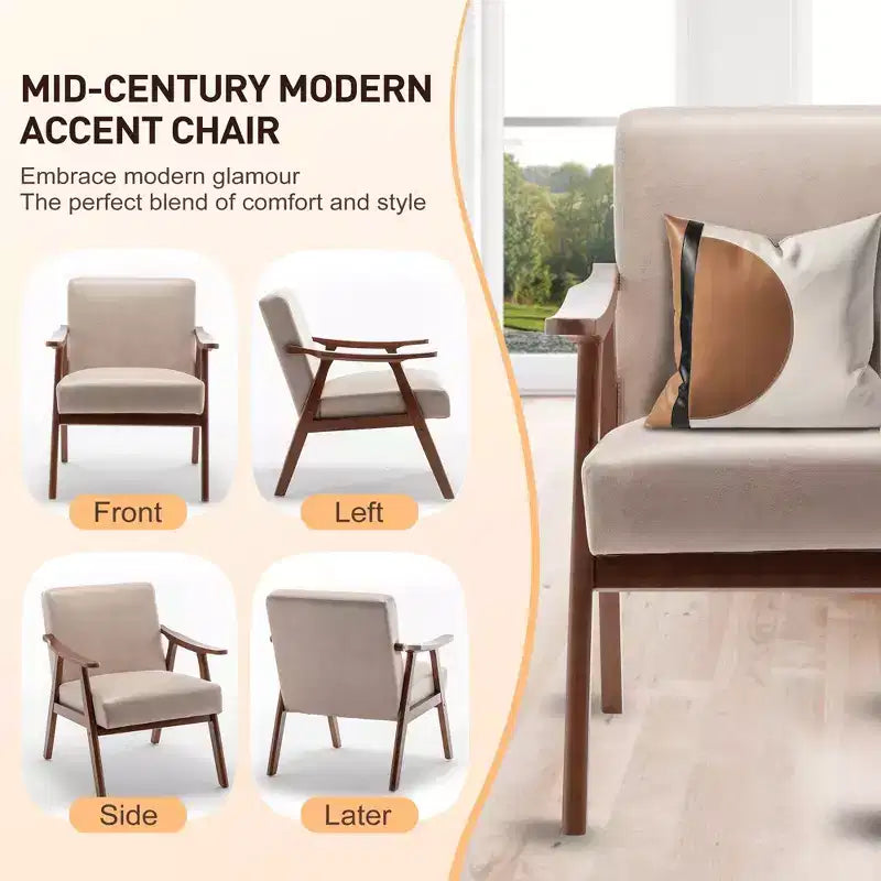 Fauteuil d'appoint moderne du milieu du siècle avec cadre en bois massif, fauteuil à dossier haut pour chambre à coucher, salle de lecture, salon