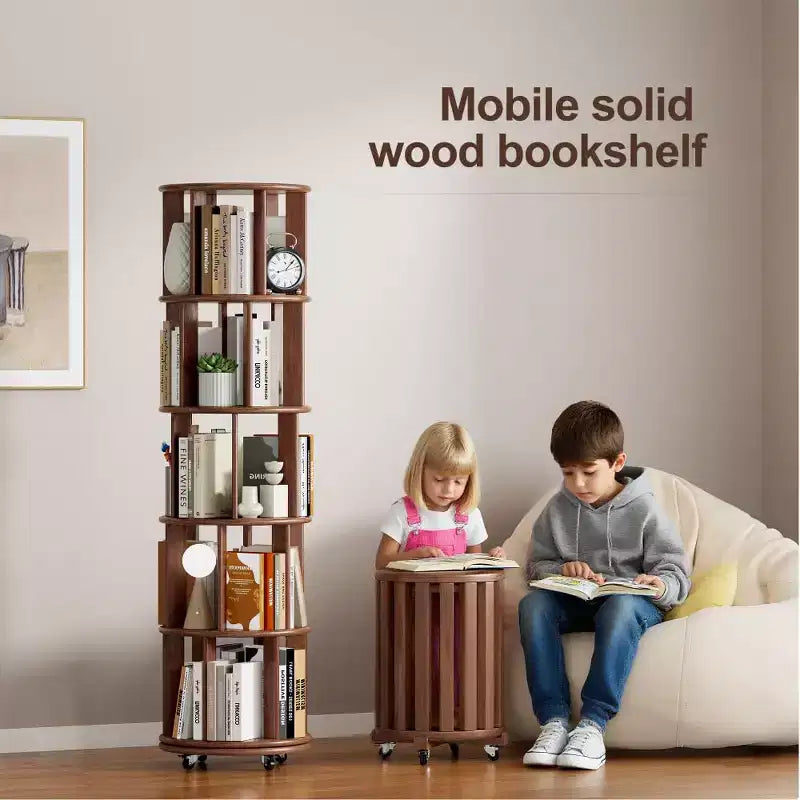 Étagère d'angle en bois, étagère à livres sur roulettes, bibliothèque rotative à 360°, bibliothèque étroite