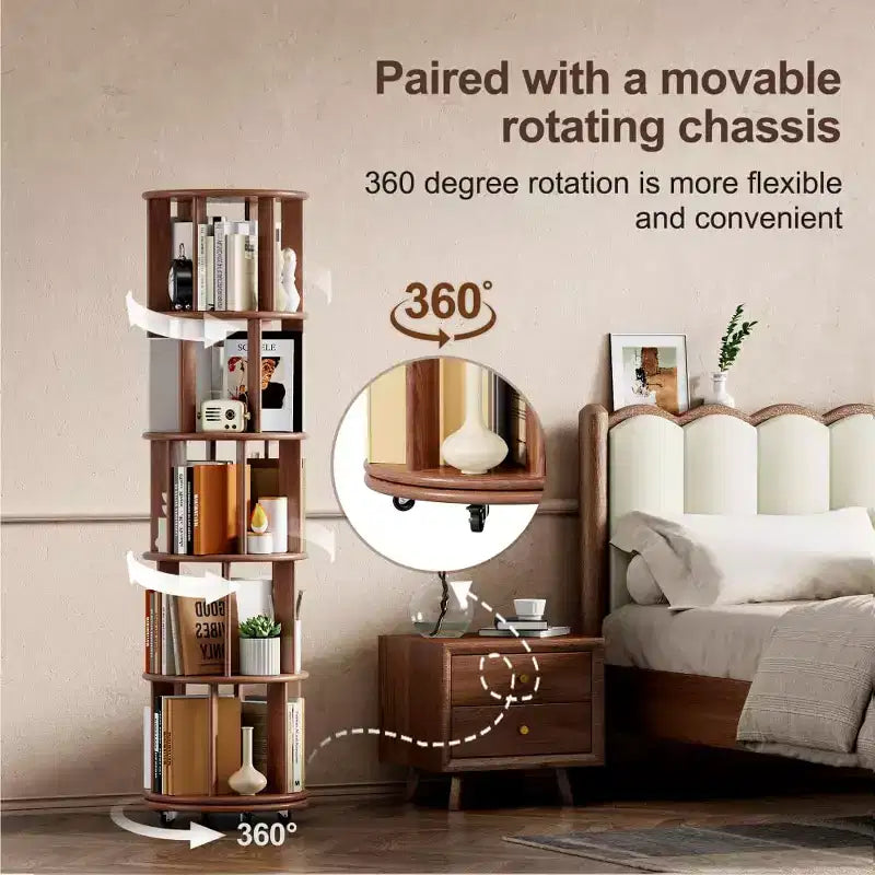 Étagère d'angle en bois, étagère à livres sur roulettes, bibliothèque rotative à 360°, bibliothèque étroite