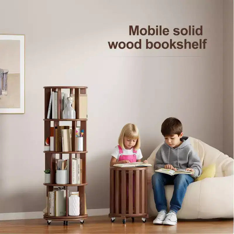 Étagère d'angle en bois, étagère à livres sur roulettes, bibliothèque rotative à 360°, bibliothèque étroite